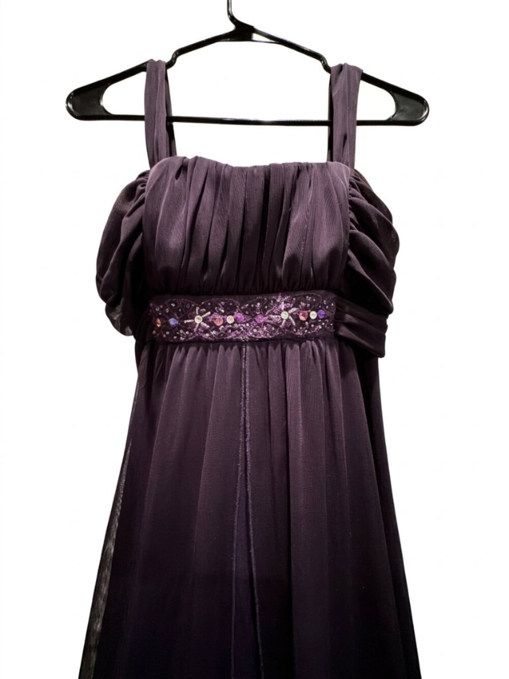 Connected Apparel Purple Embellished Ruched Chiffon Maxi Dress Size S